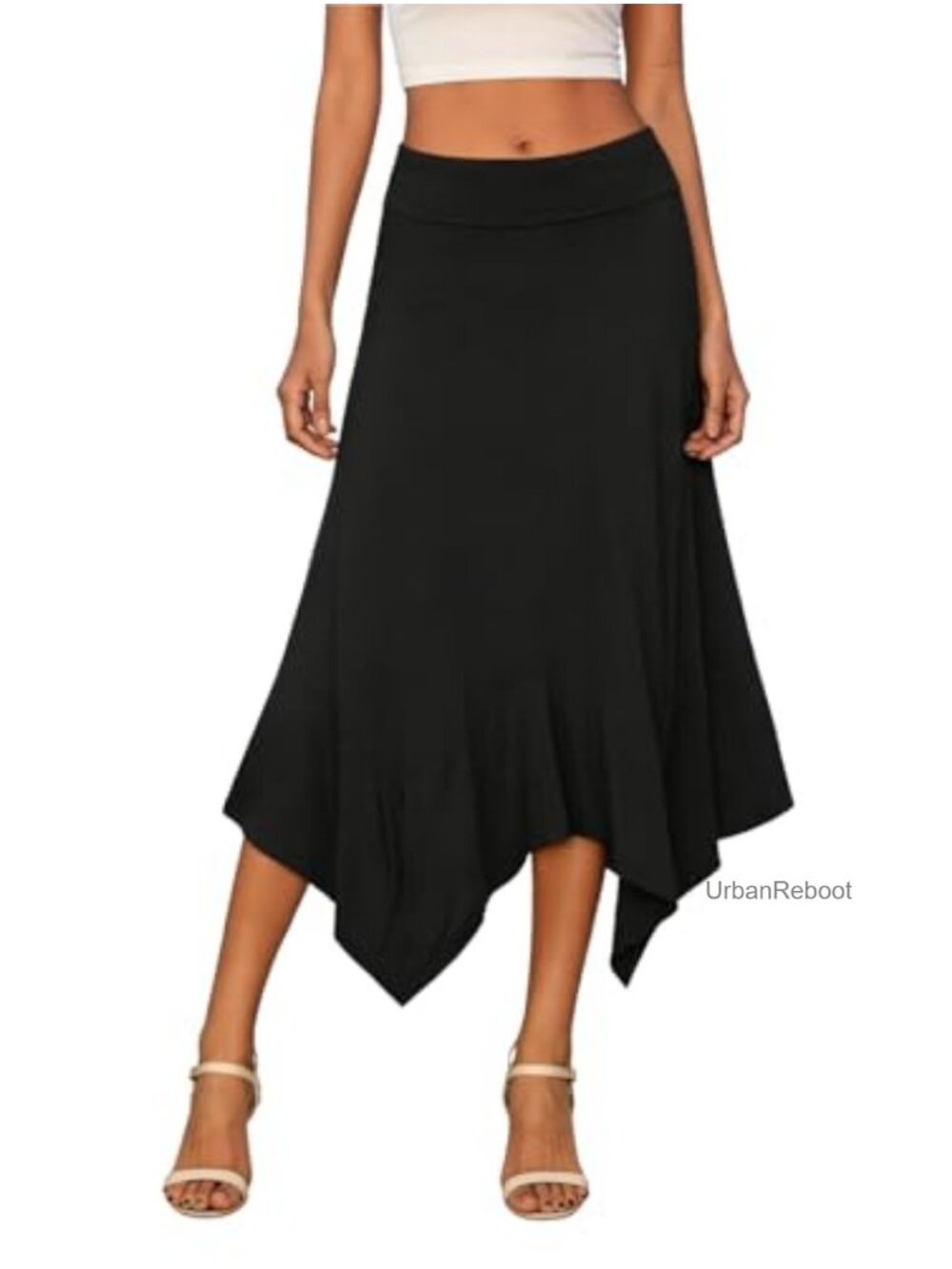 Stretchy Waist A-Line Midi Skirt Handkerchief Hem Flowy Flared Women's Casual